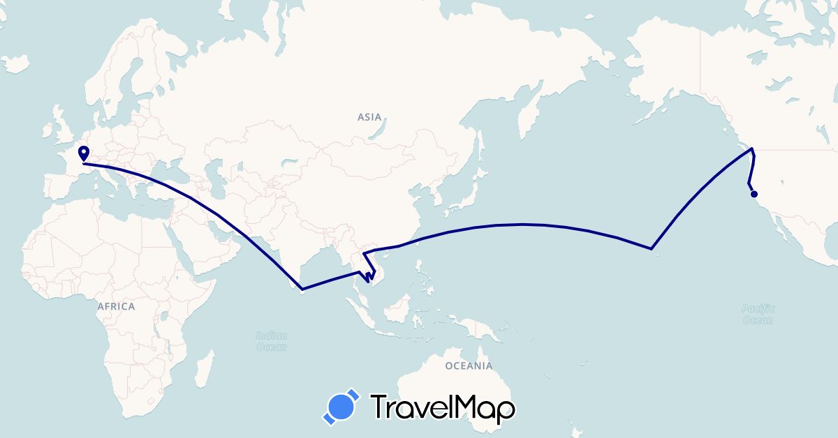 TravelMap itinerary: driving in Canada, France, Hong Kong, Cambodia, Laos, Sri Lanka, Thailand, United States, Vietnam (Asia, Europe, North America)